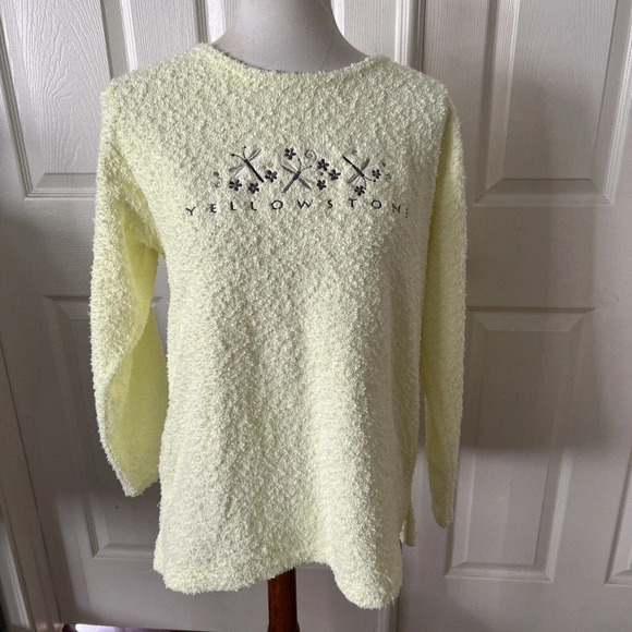 Yellowstone Womens Pullover Top Medium Embroidered Textured Fireflies Flowers - Picture 1 of 10